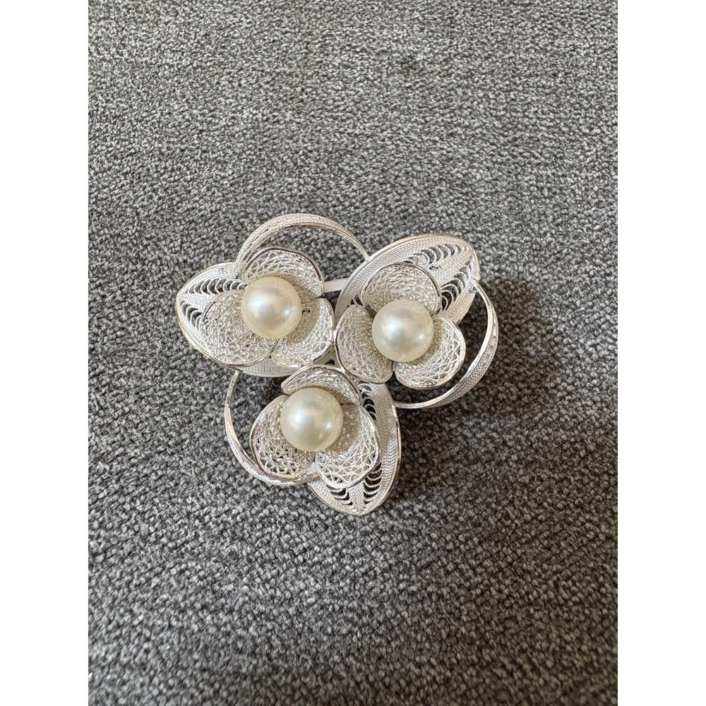 Sterling Silver 925 Vintage Filigree Silver And Pearl Brooch Pin